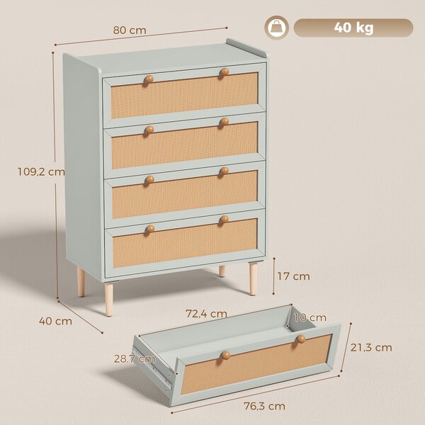 HOMCOM Cassettiera 4 cassetti in legno e rattan PVC, stile bohème, 80x40x109,2 cm, verde salvia | Aosom Italy
