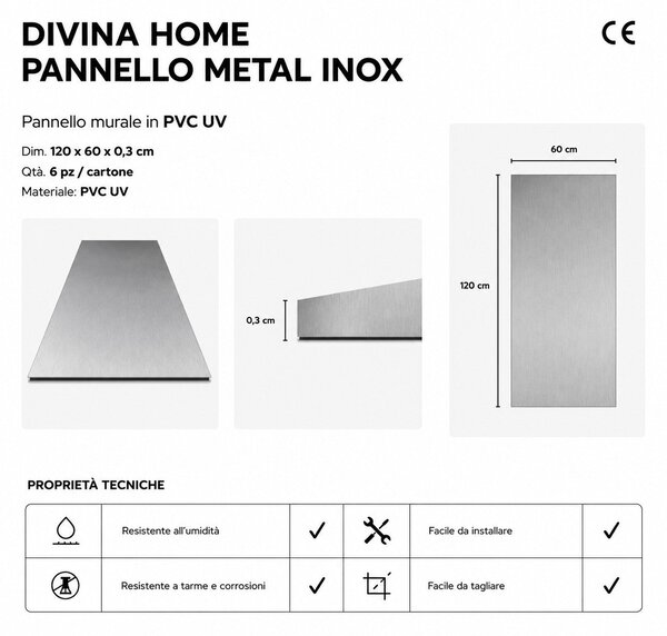 Divina Home Set 6 pz Pannello Decorativo Effetto Metallo Acciaio Inox 120x60 in PVC UV Ultra Slim - DH104799