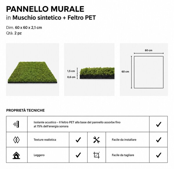 Divina Home Set 2 pz Pannello Decorativo Fonoassorbente Acustico 60x60 cm Effetto Muschio Sintetico Erba Artificiale - DH104800