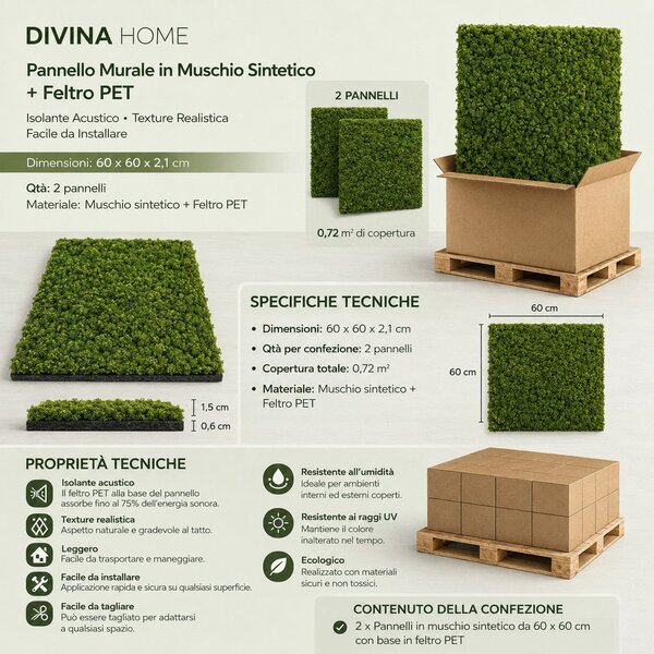 Divina Home Set 2 pz Pannello Decorativo Fonoassorbente Acustico 60x60 cm Effetto Muschio Sintetico Erba Artificiale - DH104800