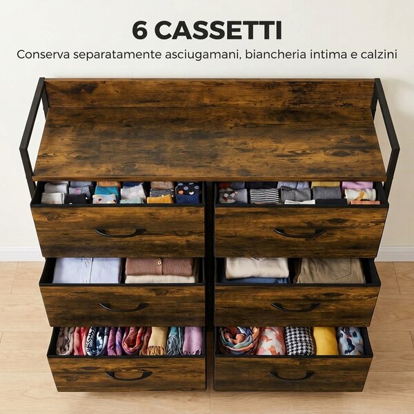 HOMCOM Cassettiera 6 cassetti stile industriale con telaio in acciaio e legno | Aosom Italy