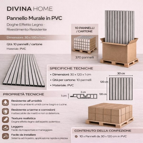 Divina Home Set 10 pz Pannello Decorativo in PVC a Listelli Effetto Doghe in Legno 120x30 Rivestimento Murale Bianco - DH104807