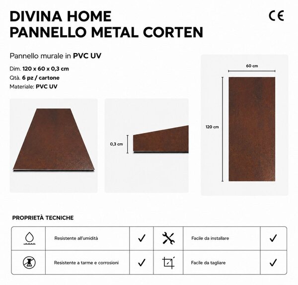 Divina Home Set 6 pz Pannello Decorativo Effetto Metallo Ruggine Corten 120x60 in PVC UV Ultra Slim - DH104797