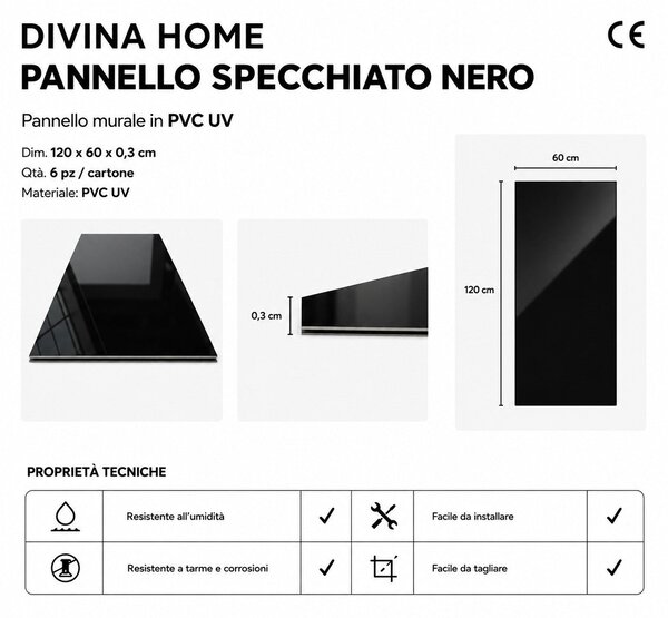 Divina Home Set 6 pz Pannello Decorativo Effetto Specchio Specchiato Nero Fum 120x60 in PVC UV Ultra Slim - DH104798