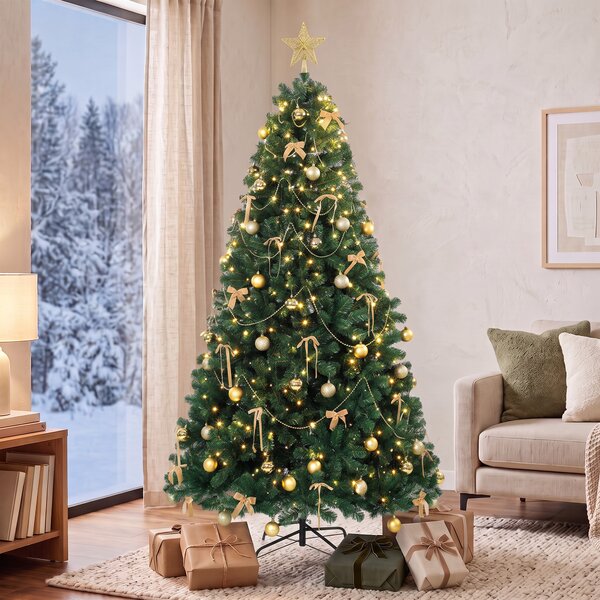 Albero di Natale Artificiale Ø100x180 cm con 240 Luci LED 755 Rami in PVC Stella Palline e Fiocchi Verde