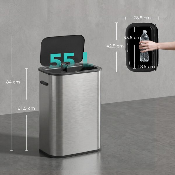 HOMCOM Bidone a sensore 55 L senza contatto in acciaio inox, a batteria, argento | Aosom Italy
