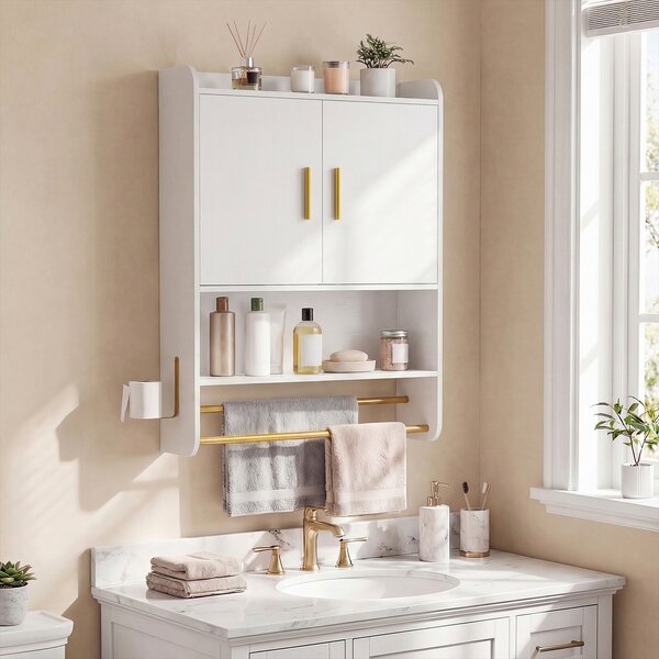 Costway Armadietto a parete pensile con ripiano regolabile e gancio laterale, Mobiletto da bagno con 2 ante scomparto aperto Bianco