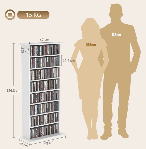 HOMCOM Scaffale multimediale stretto per 360 CD, 8 ripiani, 6 regolabili e 8 scomparti, bianco | Aosom Italy