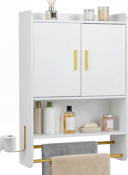 Costway Armadietto a parete pensile con ripiano regolabile e gancio laterale, Mobiletto da bagno con 2 ante scomparto aperto Bianco