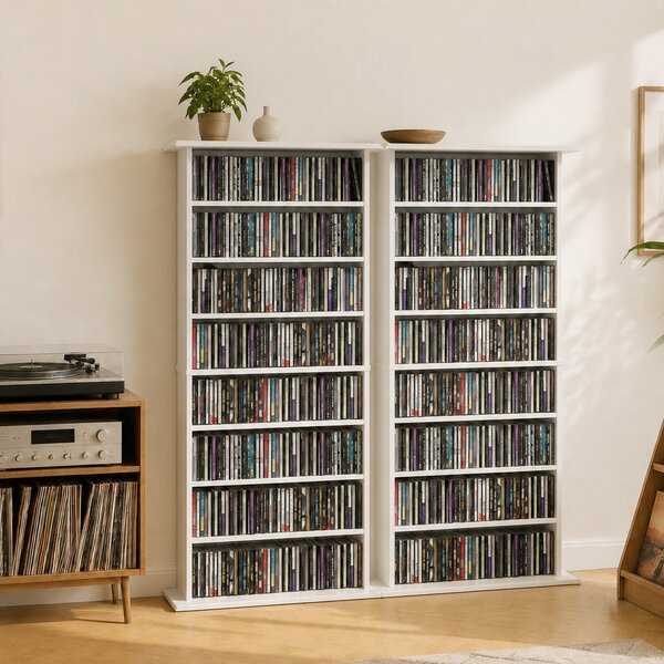 HOMCOM Scaffale multimediale stretto per 360 CD, 8 ripiani, 6 regolabili e 8 scomparti, bianco | Aosom Italy