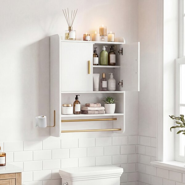 Costway Armadietto a parete pensile con ripiano regolabile e gancio laterale, Mobiletto da bagno con 2 ante scomparto aperto Bianco