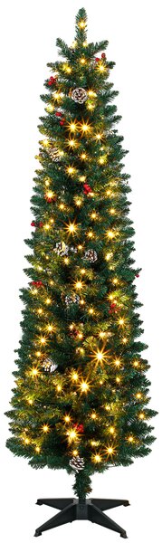 Albero di Natale Slim Ø55x180 cm con 170 Luci LED Bicolore 351 Rami Pigne Bacche Rosse e Telecomando in PVC Verde
