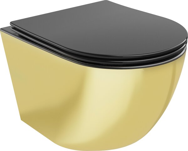 Mexen Lena tazza wc Rimless con sedile a chiusura rallentata slim, duroplast, nero opaco/oro - 30224076