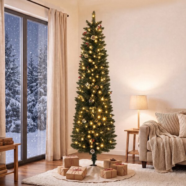 Albero di Natale Slim Ø55x180 cm con 170 Luci LED Bicolore 351 Rami Pigne Bacche Rosse e Telecomando in PVC Verde