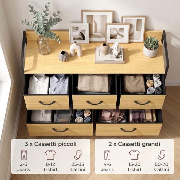 HOMCOM Cassettiera 5 cassetti in tessuto stile industriale, rovere e nero | Aosom Italy
