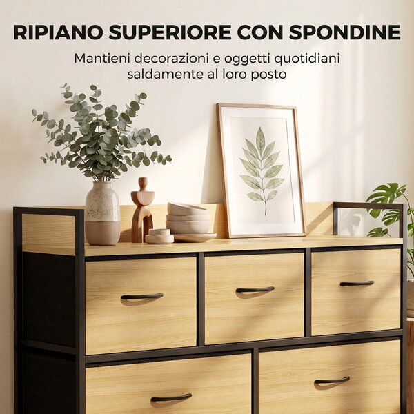 HOMCOM Cassettiera 5 cassetti in tessuto stile industriale, rovere e nero | Aosom Italy