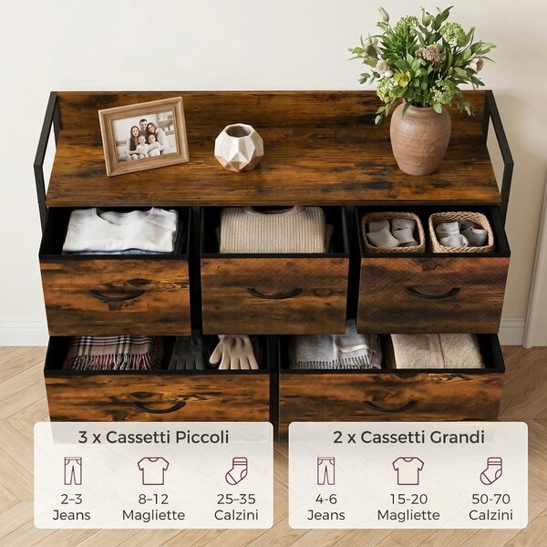HOMCOM Cassettiera 5 cassetti in tessuto stile industriale, marrone e nero | Aosom Italy