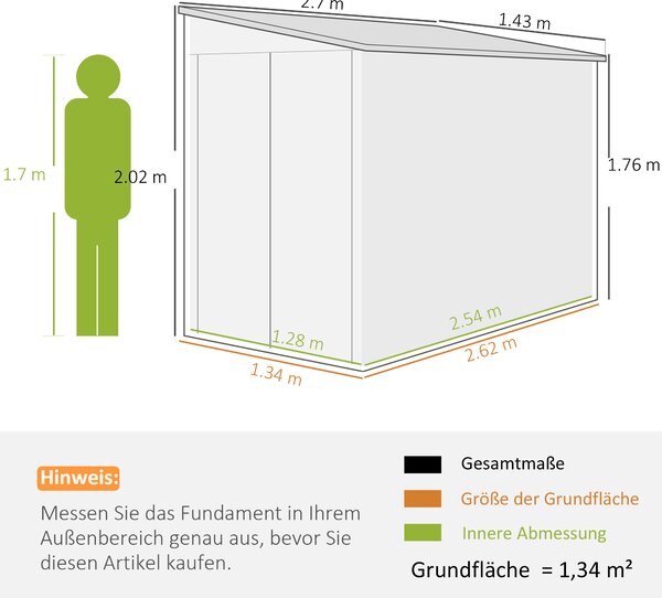 Outsunny Casetta attrezzi in metallo 3,5 m², 143x270x202 cm, tetto a falda, doppia porta e kit fondazione | Aosom Italy