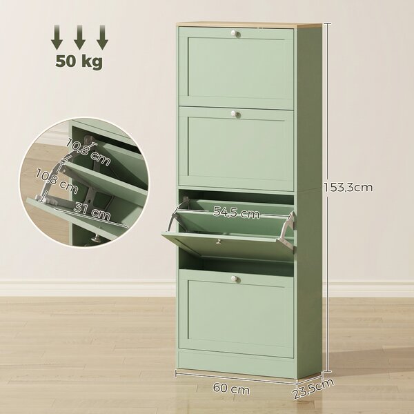 HOMCOM Scarpiera 24 paia con 4 cassetti ribaltabili e ripiani regolabili, 60x23,5x153 cm, verde | Aosom Italy