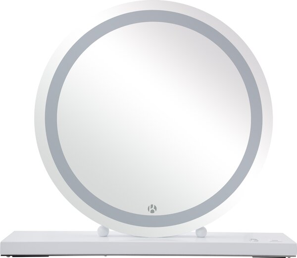 Specchio da trucco Padiro, dimensioni 60 x 53 x 10 cm, colore bianco, realizzato in ferro, vetro e MDF, con illuminazione a LED
