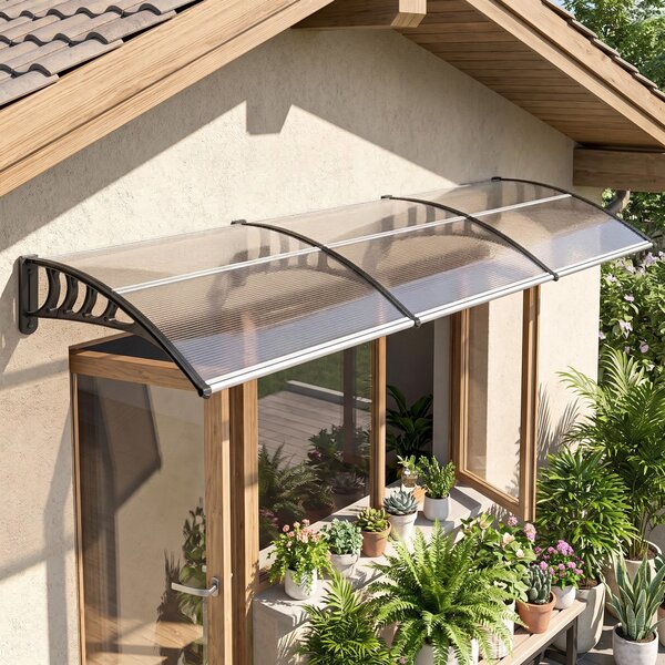 Outsunny Tettoia Moderna in Policarbonato, Alluminio e PP per Balconi, Finestre e Porte, 303x96x27 cm, Nera e Trasparente|Aosom