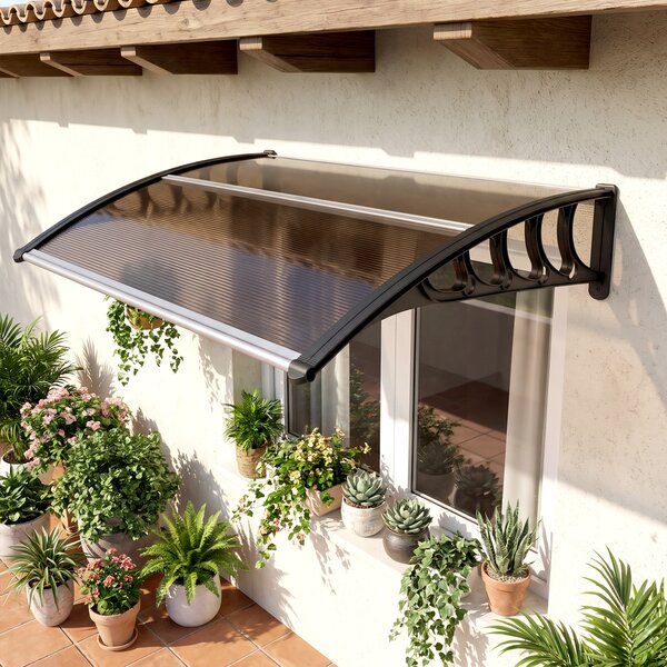 Outsunny Tettoia da Esterno in Policarbonato per Porte e Finestre con Kit Montaggio 100x100x26cm - Marrone|Aosom
