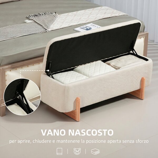 HOMCOM Cassapanca Contenitore 111x44x44.5cm, Seduta Imbottita, in Tessuto Effetto Lino, Gambe in Legno, 150kg, Crema | Aosom Italy