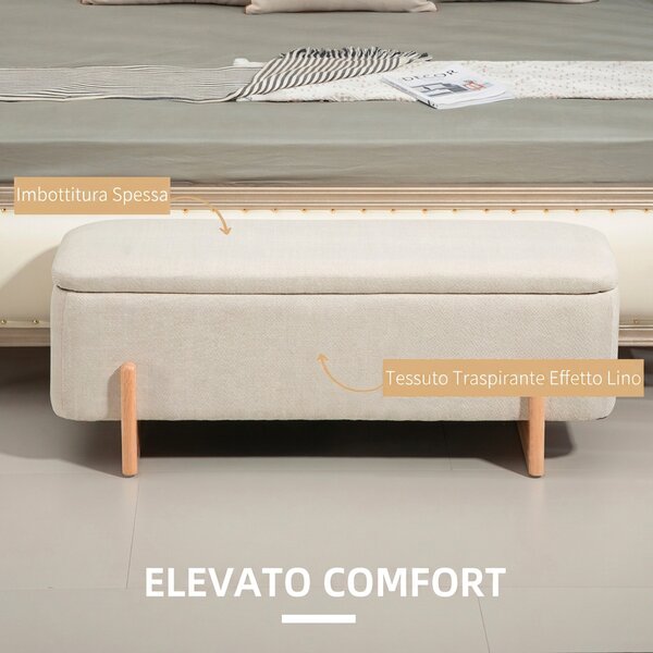HOMCOM Cassapanca Contenitore 111x44x44.5cm, Seduta Imbottita, in Tessuto Effetto Lino, Gambe in Legno, 150kg, Crema | Aosom Italy