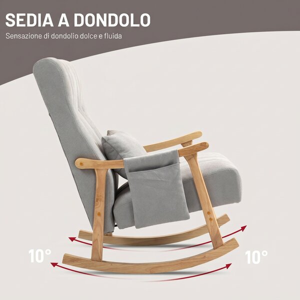 HOMCOM Sedia a Dondolo in Tessuto Effetto Lino Imbottita, Seduta Profonda, Gambe in Legno di Caucciù, Grigio | Aosom Italy