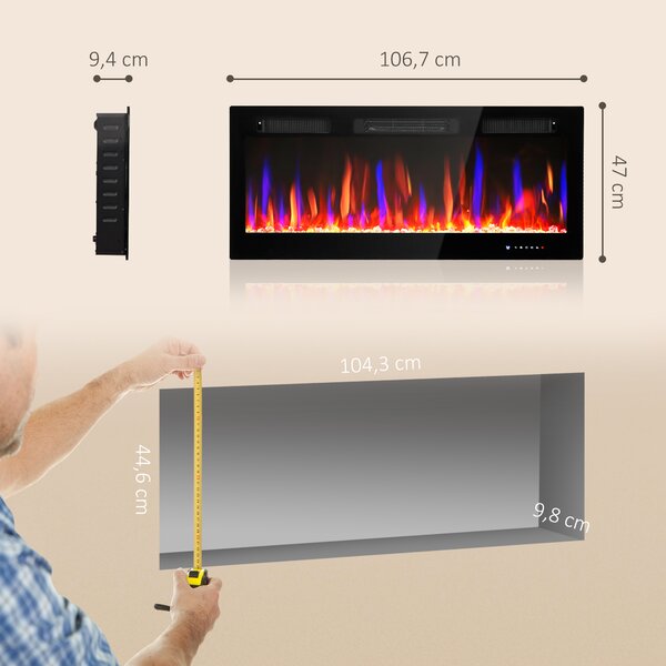 HOMCOM Camino Elettrico da Incasso o a Parete con Temperatura Regolabile e Fiamma, in Acciaio e Vetro, 106.7x9.4x47 cm, Nero | Aosom Italy