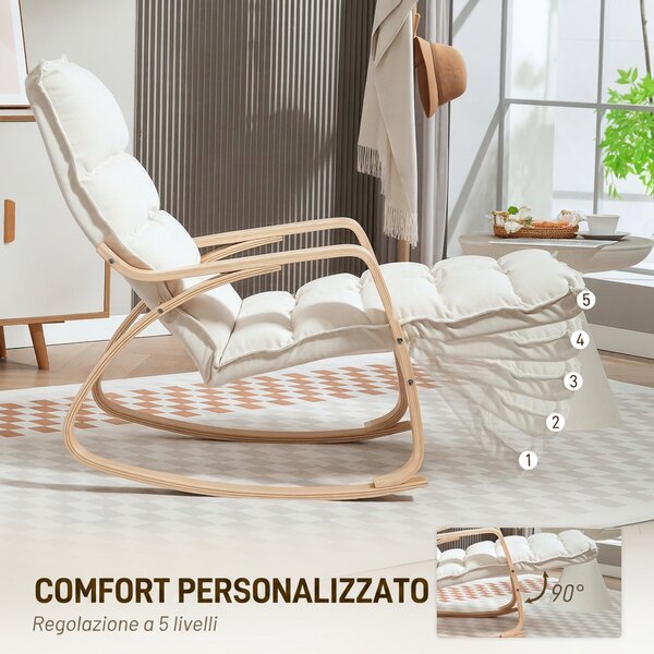 HOMCOM Sedia a Dondolo in Tessuto Effetto Lino Imbottita, Poggiapiedi Regolabile, per Camera da Letto e Soggiorno, Crema | Aosom Italy