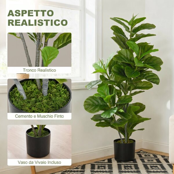HOMCOM Pianta Artificiale di Ficus con 90 Foglie in PEVA, Vaso in PP, Decorazione per Soggiorno, 15x15x110 cm, Verde | Aosom Italy