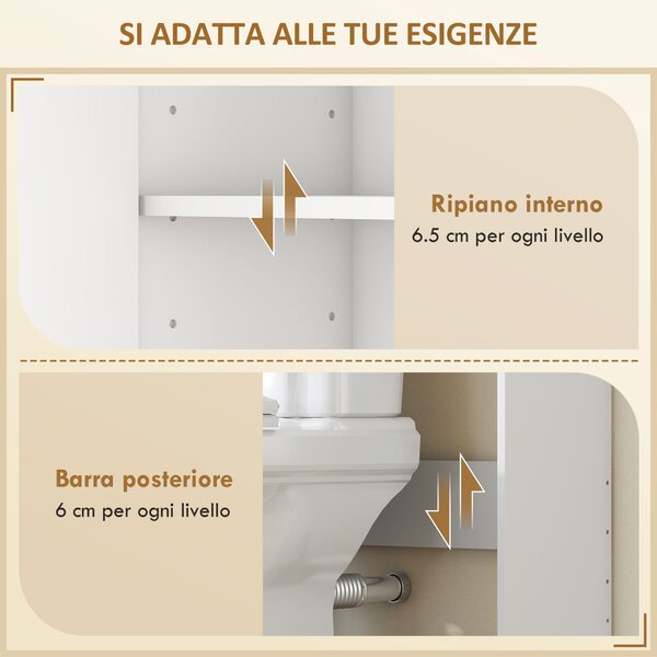 HOMCOM Scaffale Sopra WC a 3 Livelli, Scaffale Sopra La Toilette Salvaspazio con Ripiano Regolabile, Mensola Aperta, Autoportante, Bianco e Rovere | Aosom Italy