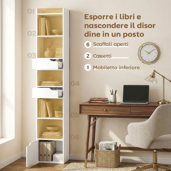 HOMCOM Libreria Verticale Alta a 6 Ripiani, Libreria Scaffale Salvaspazio con Cassetti, Armadietto, Effetto Legno Bianco | Aosom Italy