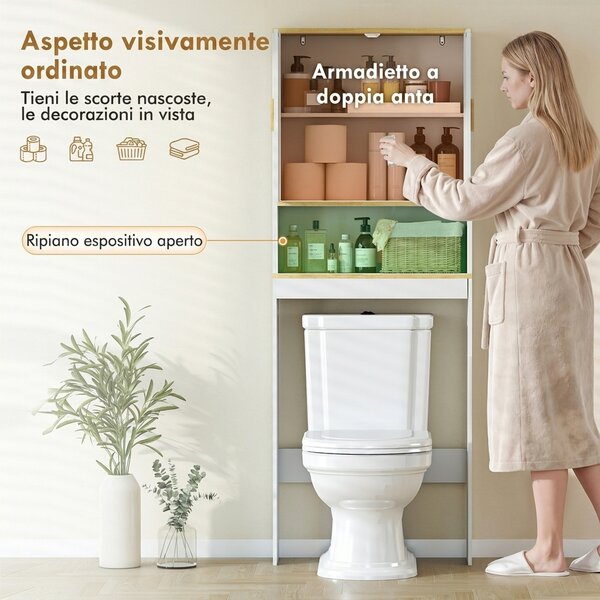 HOMCOM Scaffale Sopra WC a 3 Livelli, Scaffale Sopra La Toilette Salvaspazio con Ripiano Regolabile, Mensola Aperta, Autoportante, Bianco e Rovere | Aosom Italy