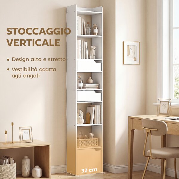 HOMCOM Libreria Verticale Alta a 6 Ripiani, Libreria Scaffale Salvaspazio con Cassetti, Armadietto, Effetto Legno Bianco | Aosom Italy