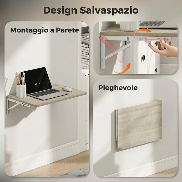 HOMCOM Scrivania da Parete Pieghevole, Scrivania per Computer a Parete con Angoli Arrotondati Salvaspazio per Casa e Ufficio Cucina, 60x40 cm, Rovere | Aosom Italy