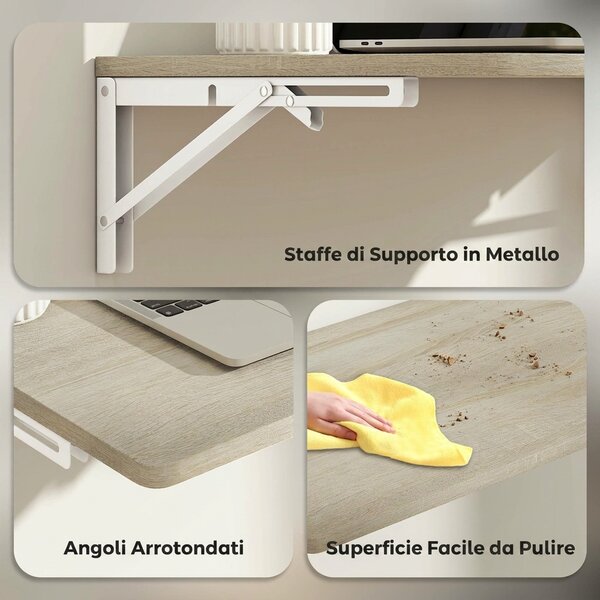 HOMCOM Scrivania da Parete Pieghevole, Scrivania per Computer a Parete con Angoli Arrotondati Salvaspazio per Casa e Ufficio Cucina, 60x40 cm, Rovere | Aosom Italy
