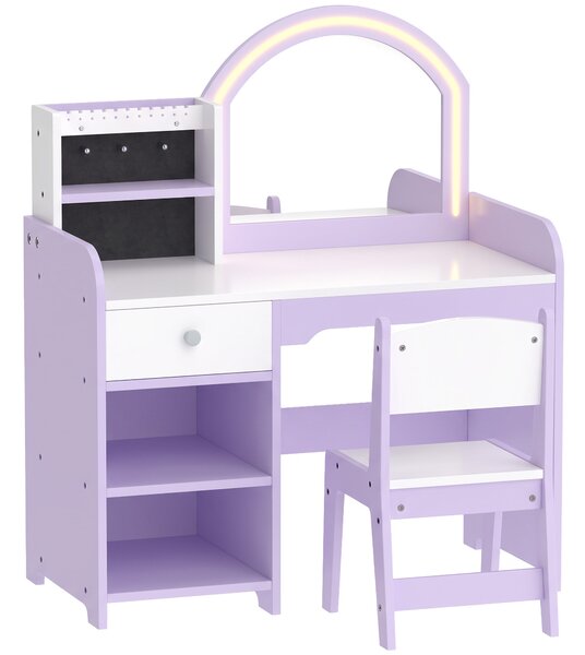 AIYAPLAY Set Toeletta Trucco Bambina 2 in 1 con Sgabello e Specchio, Luci a 2 Colori, Portagioielli, Cassetto, Viola | Aosom Italy