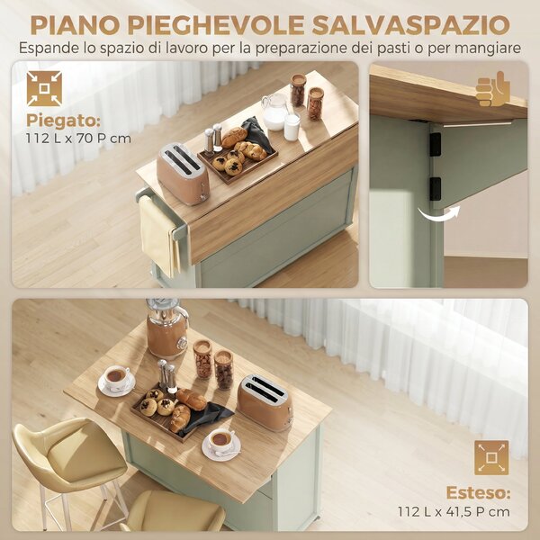 HOMCOM Isola Cucina con Piano Ribaltabile, Carrello Cucina con 5 Ruote, Portaspezie, Ripiani Regolabili, 2 Cassetti, Scomparti Aperti e Portasciugamani, Multiuso per Sala da Pranzo, Verde Chiaro | Aosom Italy