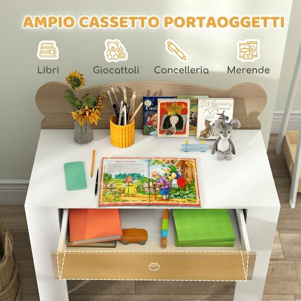 AIYAPLAY Set Scrivania per Bambini con Cassetto e Sedia con Schienale a Orsetto, Età 3-8 Anni, Legno | Aosom Italy