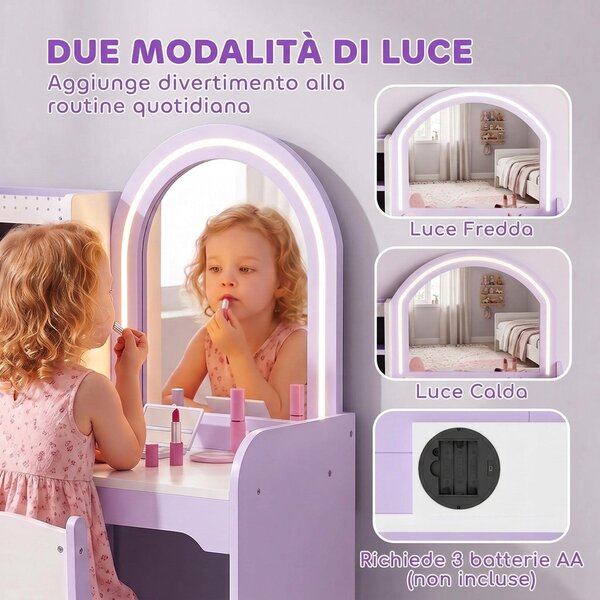 AIYAPLAY Set Toeletta Trucco Bambina 2 in 1 con Sgabello e Specchio, Luci a 2 Colori, Portagioielli, Cassetto, Viola | Aosom Italy