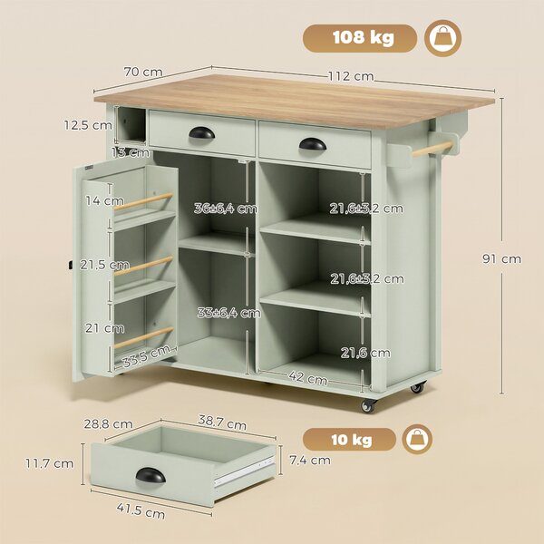 HOMCOM Isola Cucina con Piano Ribaltabile, Carrello Cucina con 5 Ruote, Portaspezie, Ripiani Regolabili, 2 Cassetti, Scomparti Aperti e Portasciugamani, Multiuso per Sala da Pranzo, Verde Chiaro | Aosom Italy