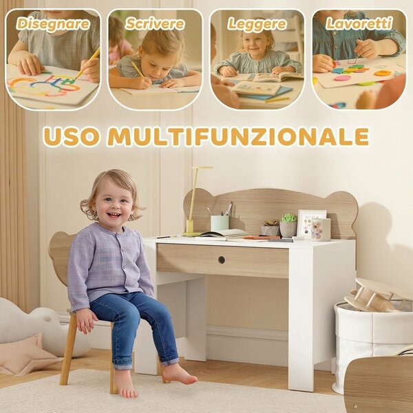 AIYAPLAY Set Scrivania per Bambini con Cassetto e Sedia con Schienale a Orsetto, Età 3-8 Anni, Legno | Aosom Italy