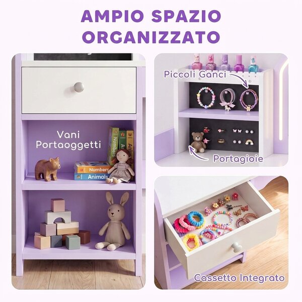 AIYAPLAY Set Toeletta Trucco Bambina 2 in 1 con Sgabello e Specchio, Luci a 2 Colori, Portagioielli, Cassetto, Viola | Aosom Italy