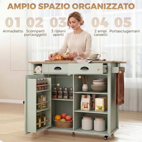 HOMCOM Isola Cucina con Piano Ribaltabile, Carrello Cucina con 5 Ruote, Portaspezie, Ripiani Regolabili, 2 Cassetti, Scomparti Aperti e Portasciugamani, Multiuso per Sala da Pranzo, Verde Chiaro | Aosom Italy