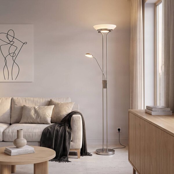 Lampada da terra con luce lettura Yveta Lindby, dimmerabile, Alluminio / Grigio / Zincato, Soggiorno / Sala da pranzo, Metallo, Moderno, Lampada LED da terra