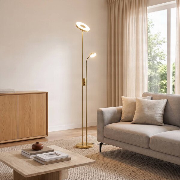 Lampada da terra con luce lettura Seppa Lindby, dimmerabile, Ottone / Oro, Soggiorno / Sala da pranzo, Metallo, Moderno, Lampada LED da terra