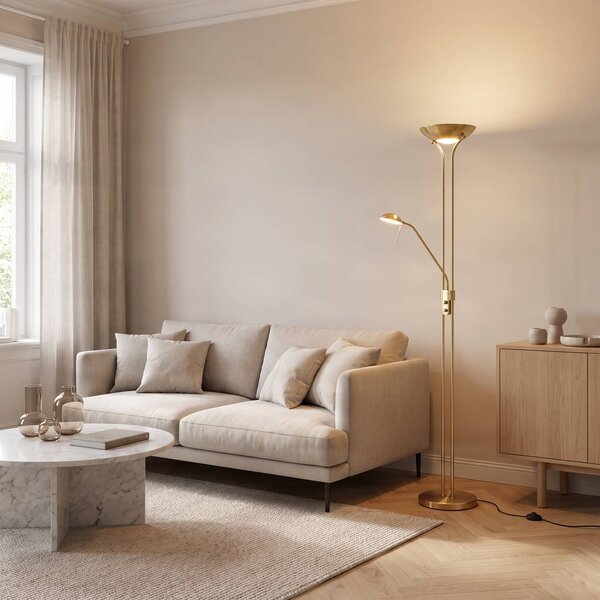 Lampada da terra con luce lettura Josefin Lindby, dimmerabile, Ottone / Oro, Soggiorno / Sala da pranzo, Metallo, Moderno, Lampada LED da terra