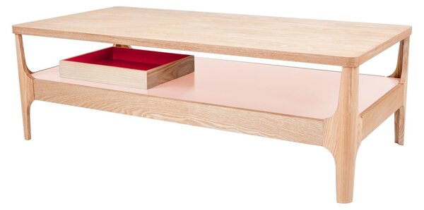 Tavolino Padiro, forma rettangolare, dimensioni 120 x 60 x 40 cm - Colore frassino/rosa - MDF con impiallacciatura in frassino - Gambe in legno massello - con ripiano